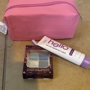 Pink Cosmetic Bag eyeshadows and Deodorant